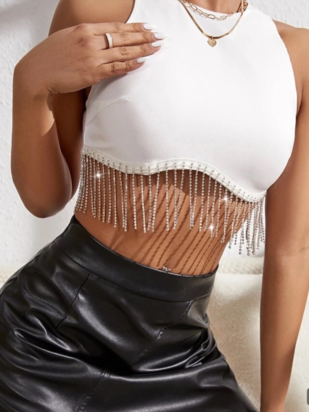 SHEIN White Beaded Fringe Cropped Tank